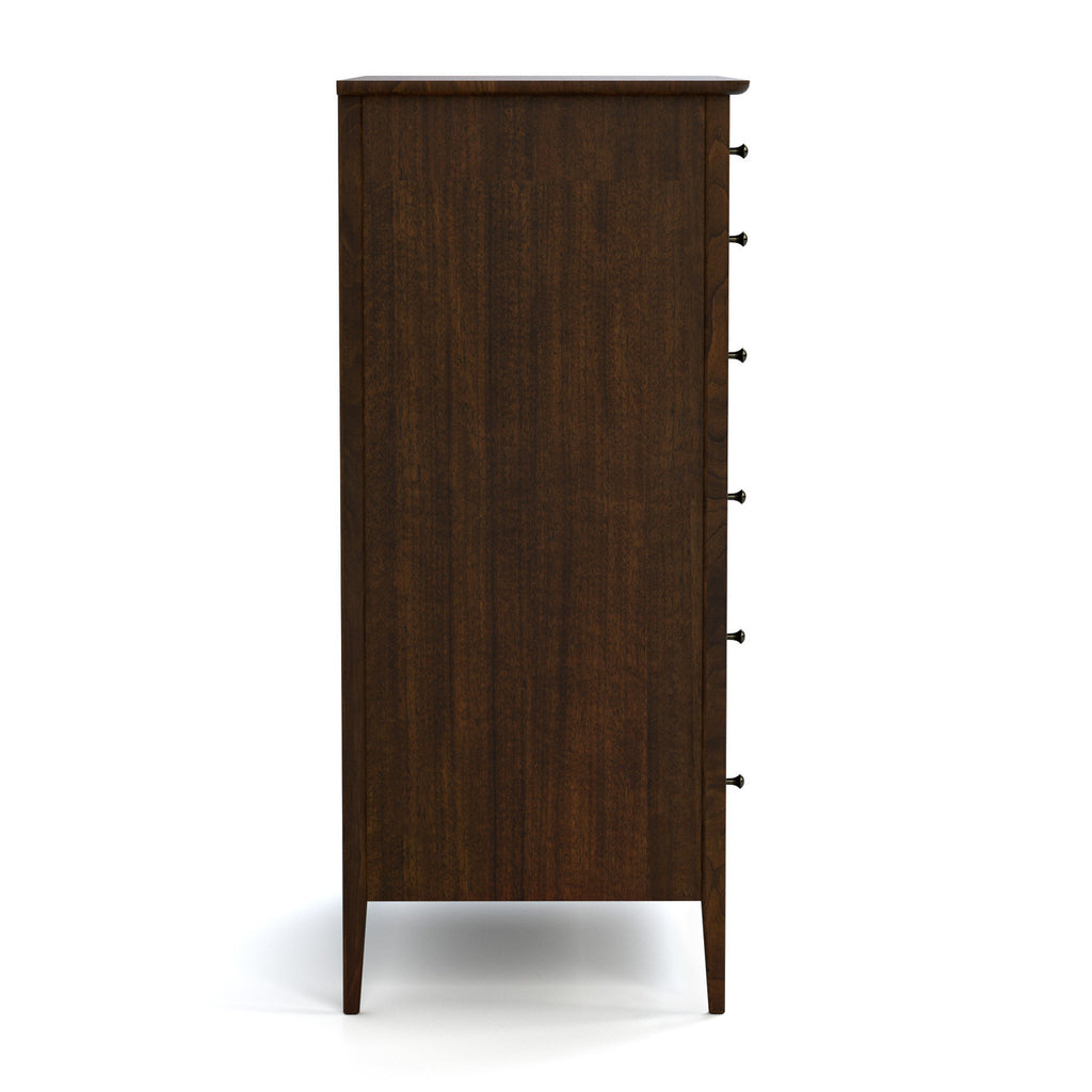Wooden dresser with multiple drawers on a white background
