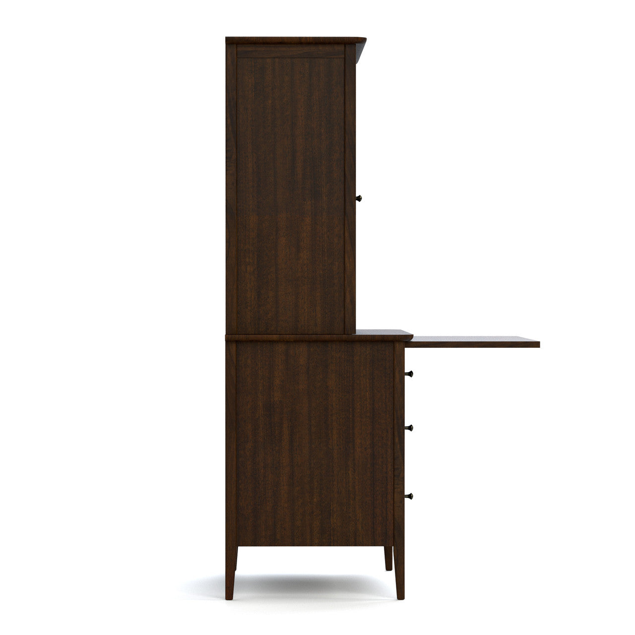 Dark wood dresser with open top and closed lower section on a white background