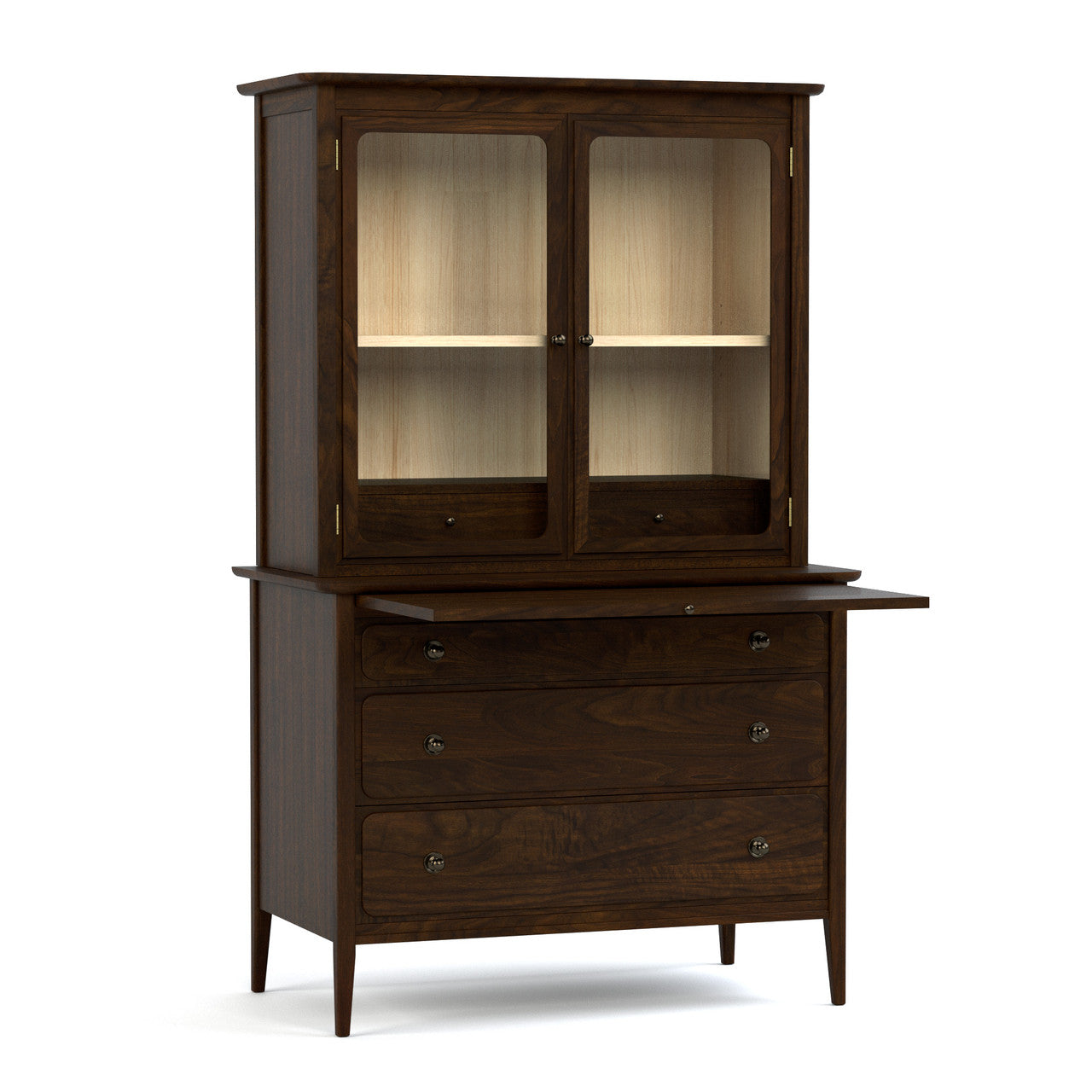 Wooden cabinet with glass doors and drawers on a white background