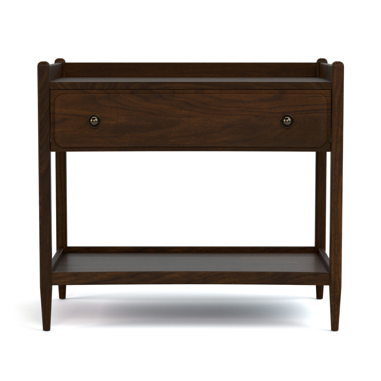 Wooden side table with a drawer on a white background