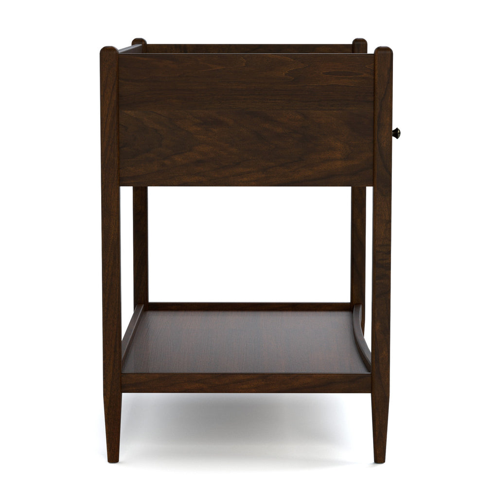 Wooden side table with a dark finish on a white background