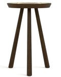 Wooden side table with three legs on a white background