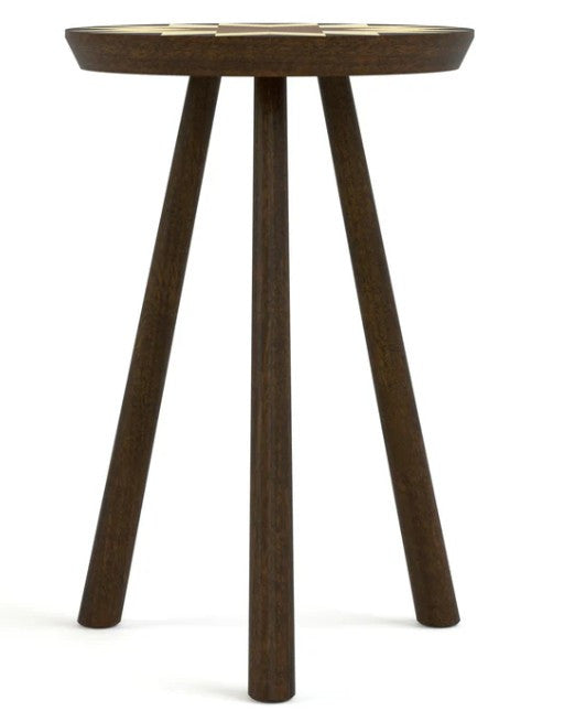 Wooden side table with three legs on a white background