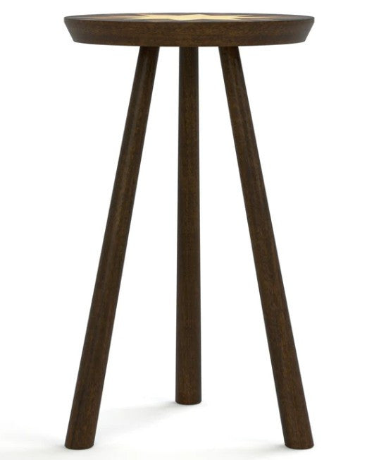 Wooden side table with three legs on a white background