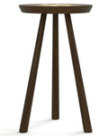 Wooden side table with three legs on a white background