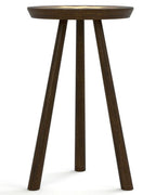 Wooden side table with three legs on a white background