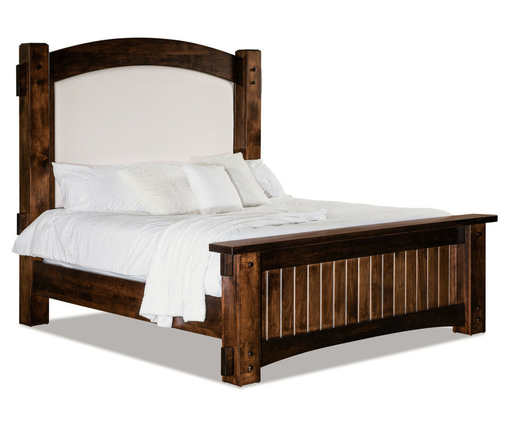 Wooden bed with white bedding on a white background