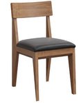 A modern wooden dining chair with a medium brown wood frame and a black upholstered seat cushion, shown against a plain white background.