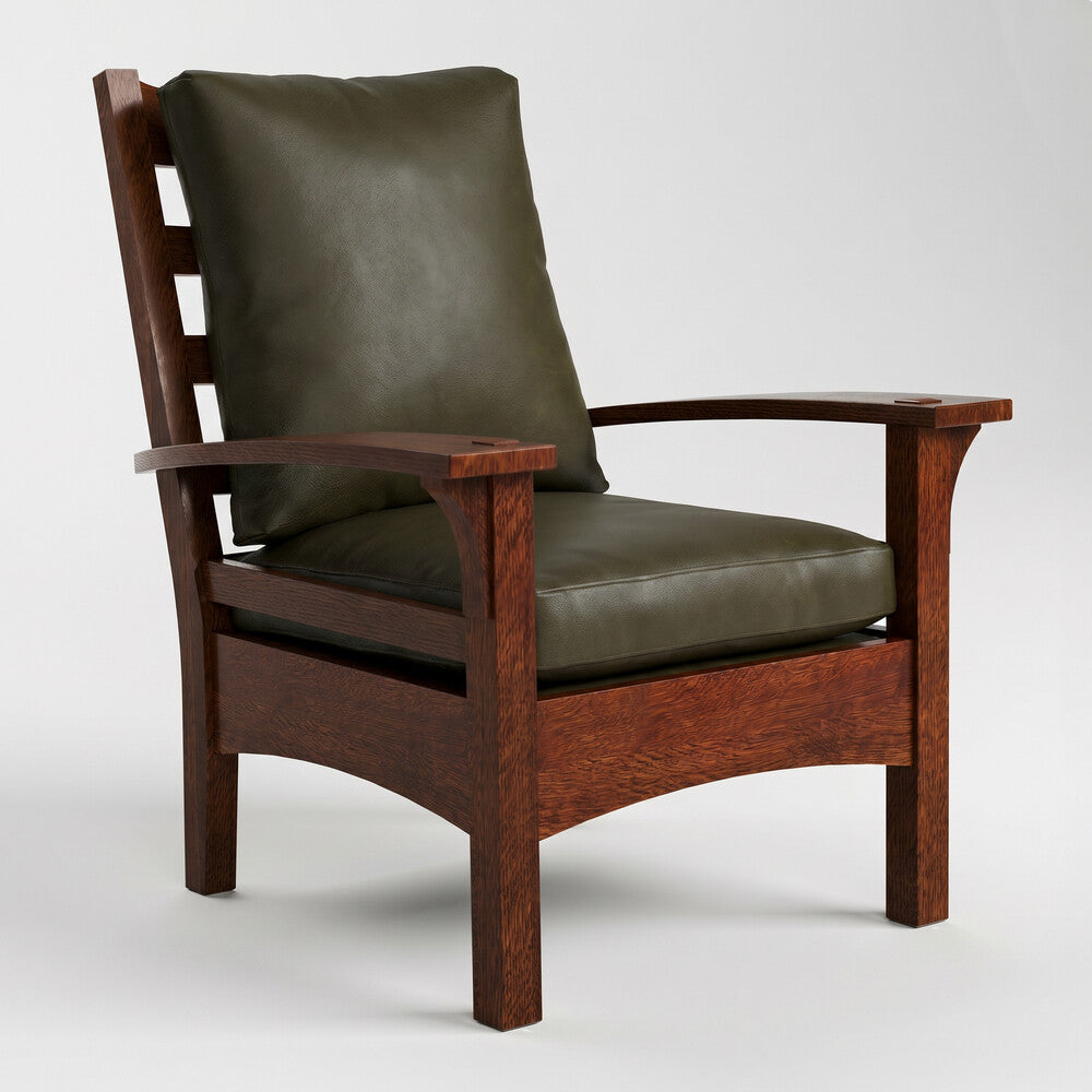 Wooden armchair with green leather cushions on a white background