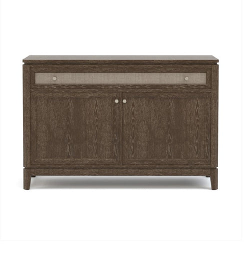 Wooden sideboard with glass panels on a white background