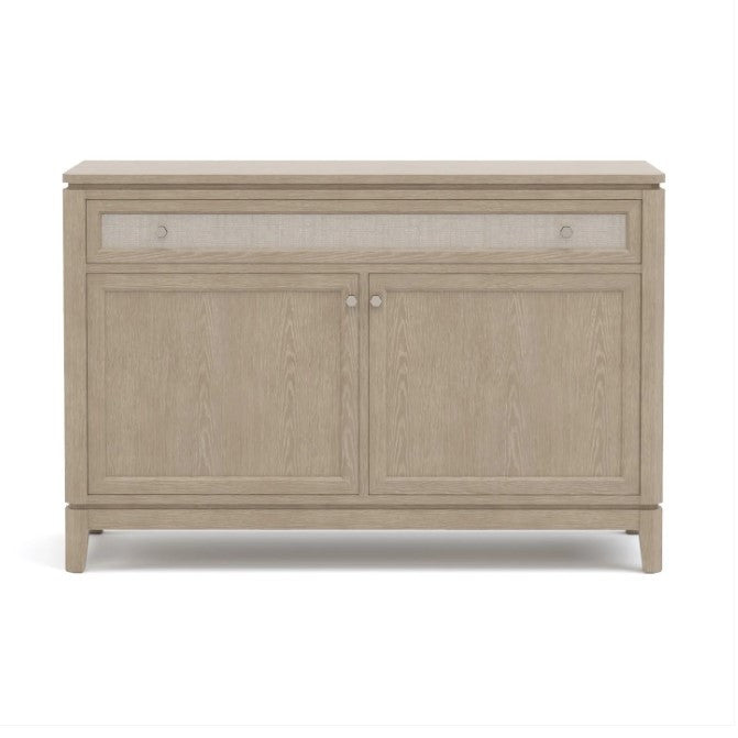 Wooden sideboard with two doors on a white background