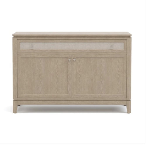 Wooden sideboard with two doors on a white background