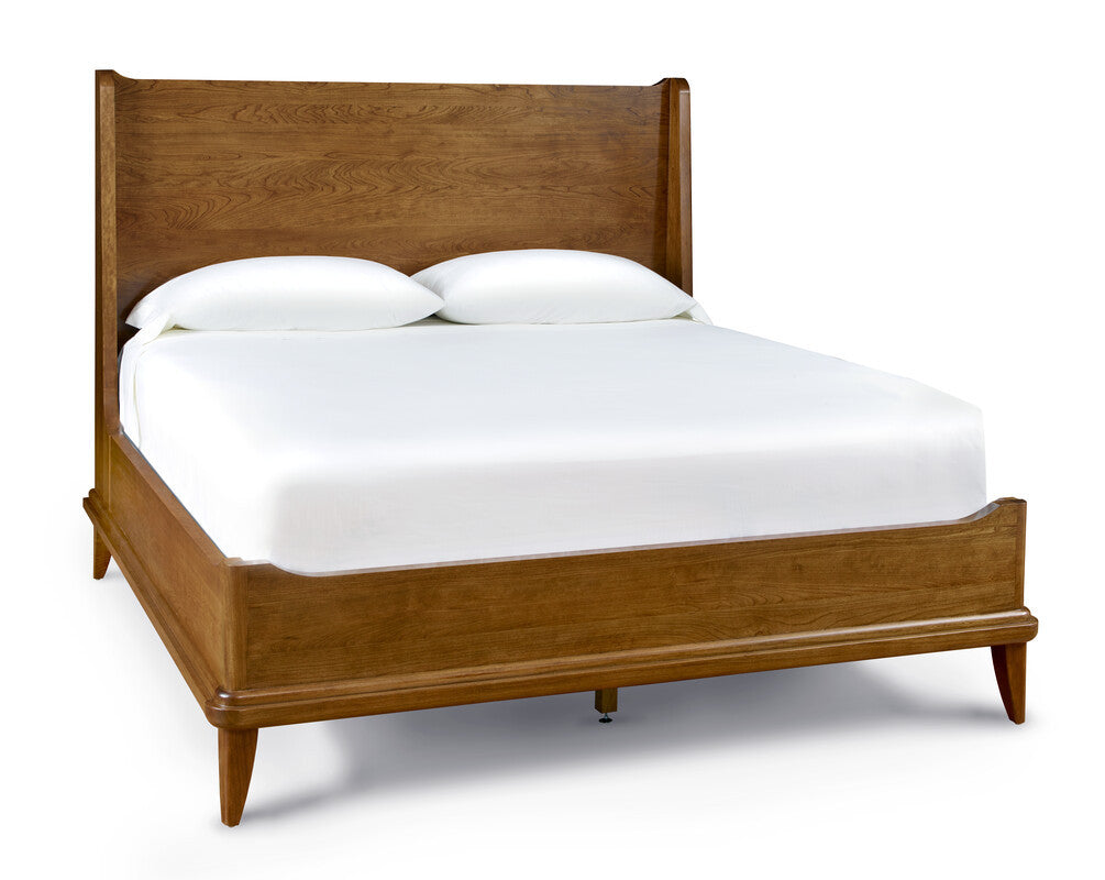 Wooden bed with white mattress and pillows on a white background