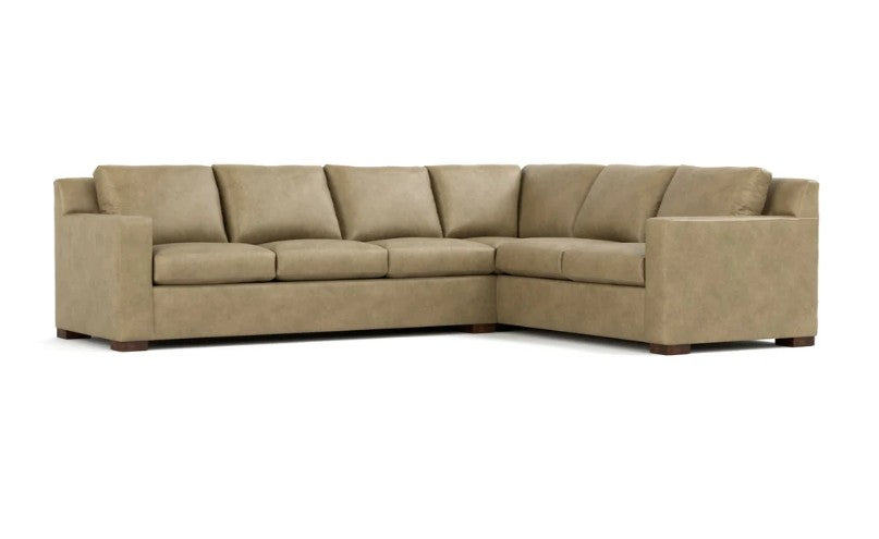 A beige sectional sofa with a left-facing right armrest, upholstered in a textured fabric, shown against a plain white background.