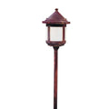 Stem mounted landscape light in raw copper with white glass. 