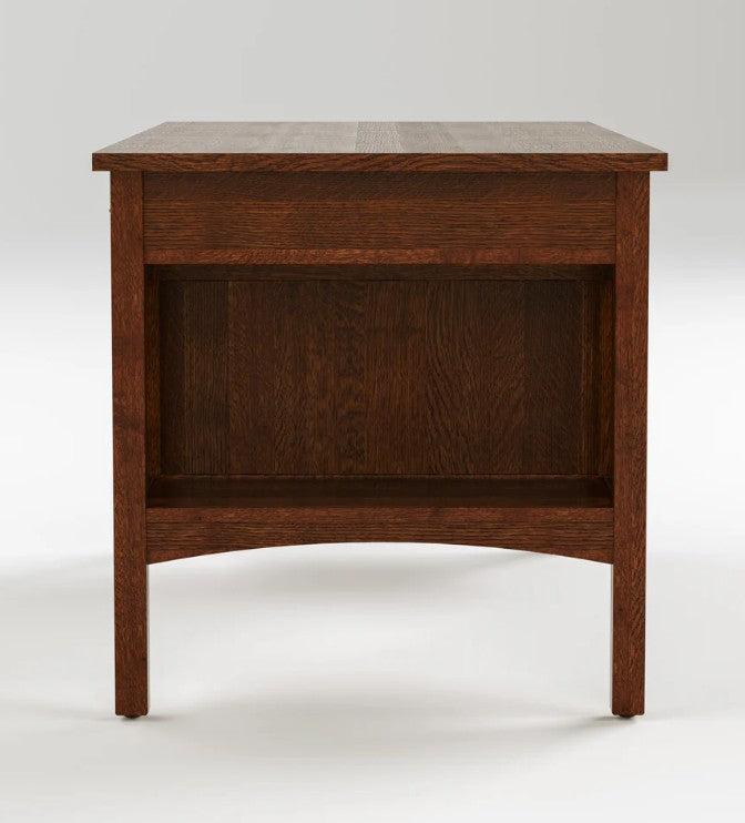 A dark brown wooden nightstand with a single drawer and an open shelf, photographed against a neutral light gray background.
