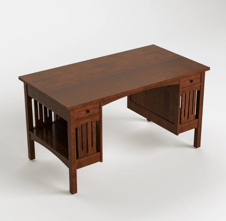 A dark brown wooden writing desk with a slatted drawer front, open lower shelf, and open side compartment, photographed on a light gray studio background.