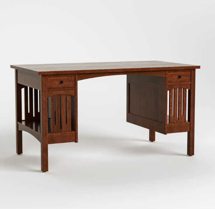 A dark brown wooden writing desk with a slatted panel design on the legs, featuring two drawers on the front, set against a plain light gray background.