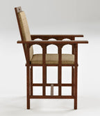 A mid-century modern wooden armchair with a dark brown frame and light beige woven upholstery on the seat and backrest, shown against a neutral light gray background.