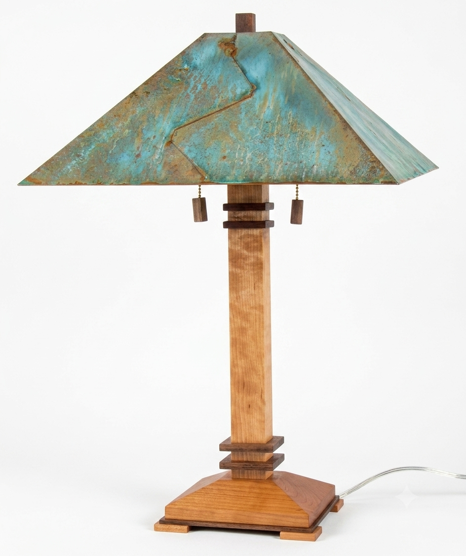 A table lamp with a square wooden base and column, featuring a pyramid-shaped shade with a distressed turquoise and brown patina finish. The lamp is shown against a plain white background with a power cord visible on the right.