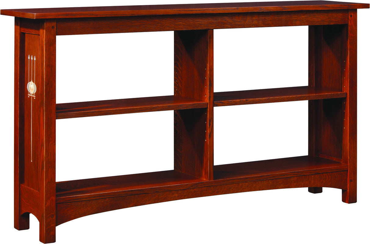 Wooden console table with three shelves on a white background