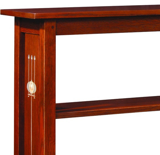 Wooden console table with a decorative element on a white background