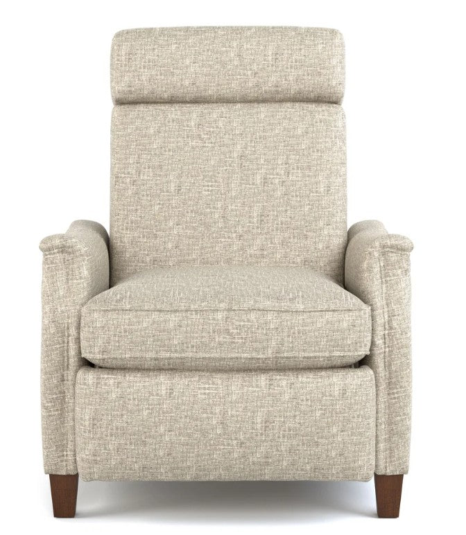 A high-back upholstered armchair with a textured beige fabric, dark brown wooden legs, and rolled arms, shown against a plain white background.