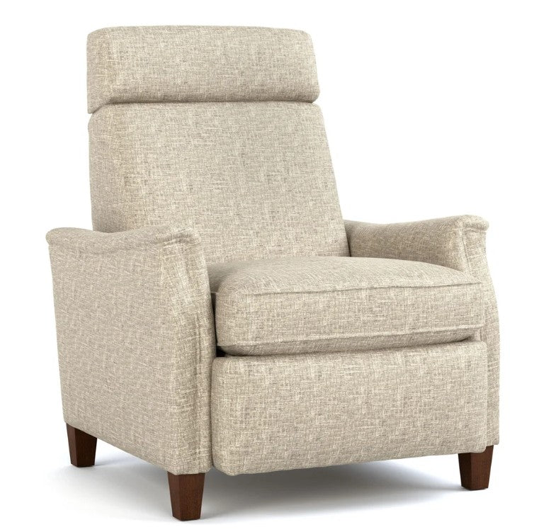 A high-back upholstered recliner chair with textured beige fabric and dark brown wooden legs, shown on a plain white background.