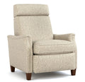 A high-back upholstered recliner chair with textured beige fabric and dark brown wooden legs, shown on a plain white background.