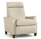 A high-back upholstered recliner chair with textured beige fabric and dark brown wooden legs, shown on a plain white background.