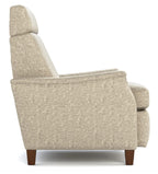 A high-back upholstered armchair in a textured beige fabric, shown from a side profile view on a white background.