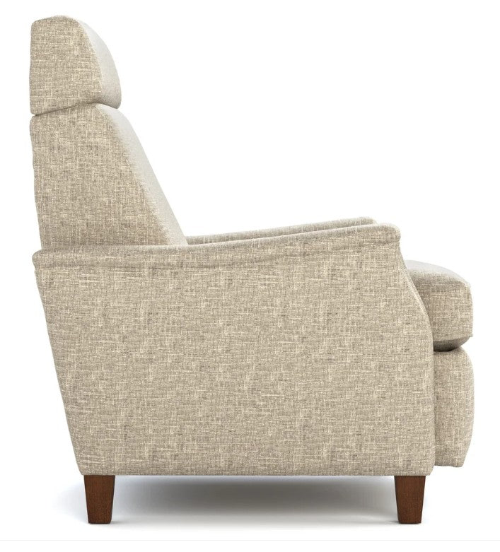 A high-back upholstered armchair in a textured beige fabric, shown from a side profile view on a white background.