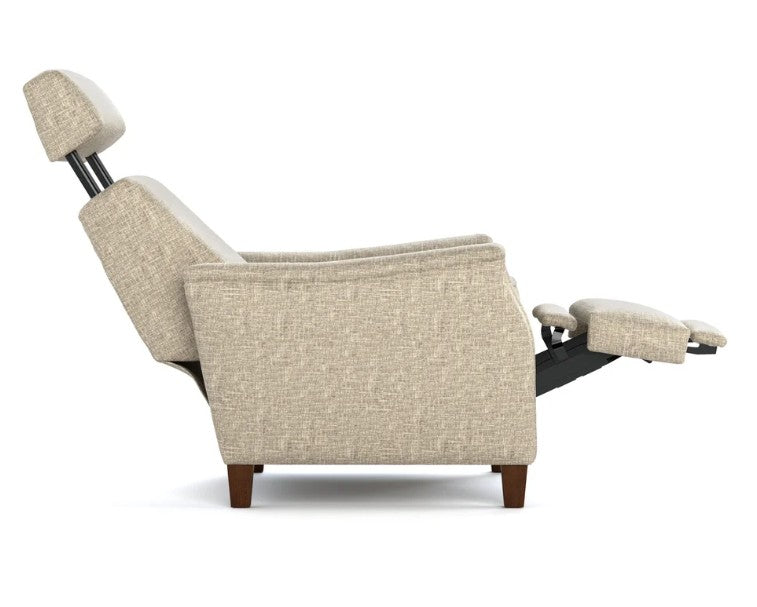 A beige textured fabric recliner chair with a headrest and extended footrest, shown from a side profile view on a white background.