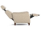 A beige textured fabric recliner chair shown in a side profile view with the footrest extended, on a solid white background.