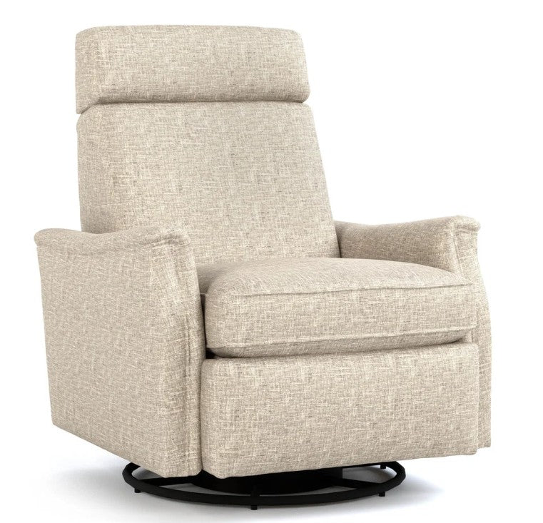 A beige textured fabric swivel glider recliner chair with a black circular base, shown against a plain white background.