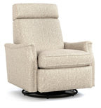 A high-back upholstered recliner chair with a textured cream-beige fabric, shown on a black circular swivel base against a plain white background.