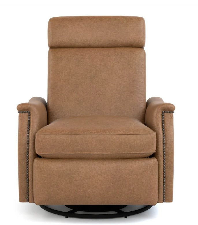 A tan leather swivel recliner chair with nailhead trim on the armrests, shown against a plain white background.