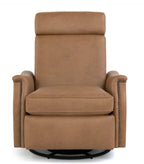 A tan leather swivel recliner chair with nailhead trim on the armrests, shown against a plain white background.