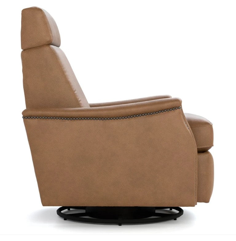 A tan upholstered recliner chair shown from the side on a black swivel base against a white background.