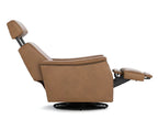 A tan leather recliner chair with a matching headrest and extended footrest, shown from a side profile on a black swivel base against a white background.