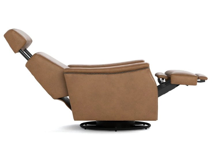 A tan leather recliner chair with a black swivel base, shown in a side profile view against a white background.