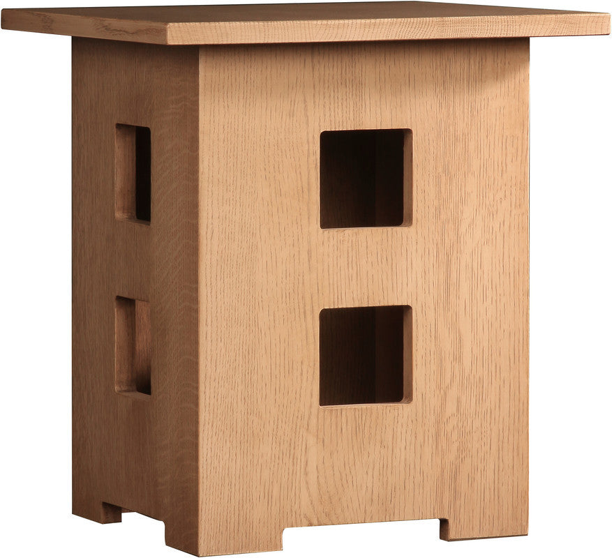 Wooden end table with square holes on a white background.