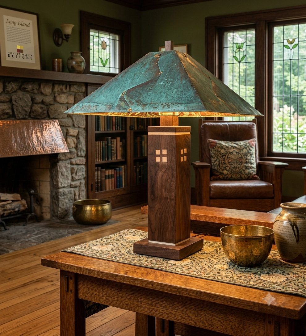 A rustic table lamp with a weathered teal-green metal conical shade and a carved dark wood base, styled on a wooden table in a cozy, book-filled living room.