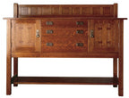 Wooden sideboard with a white background. 