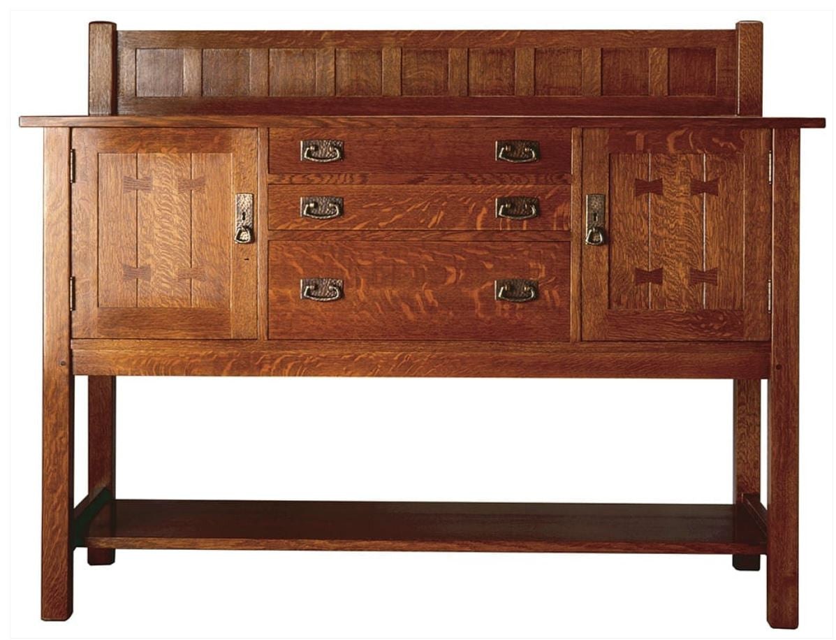 Wooden sideboard with a white background. 