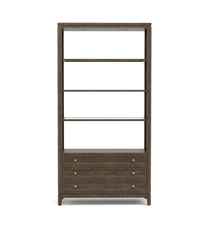 Wooden bookshelf with four shelves on a white background