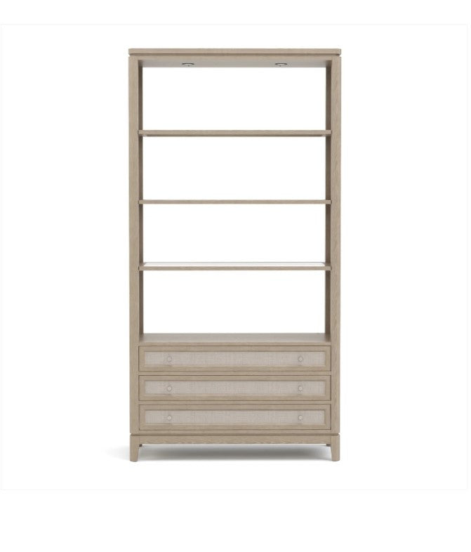 Wooden bookshelf with glass panels on a white background