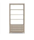 Wooden bookshelf with glass panels on a white background