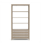 Wooden bookshelf with glass panels on a white background