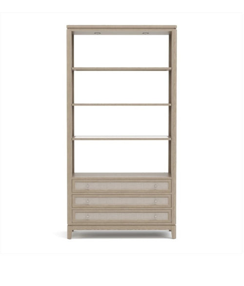 Wooden bookshelf with glass panels on a white background